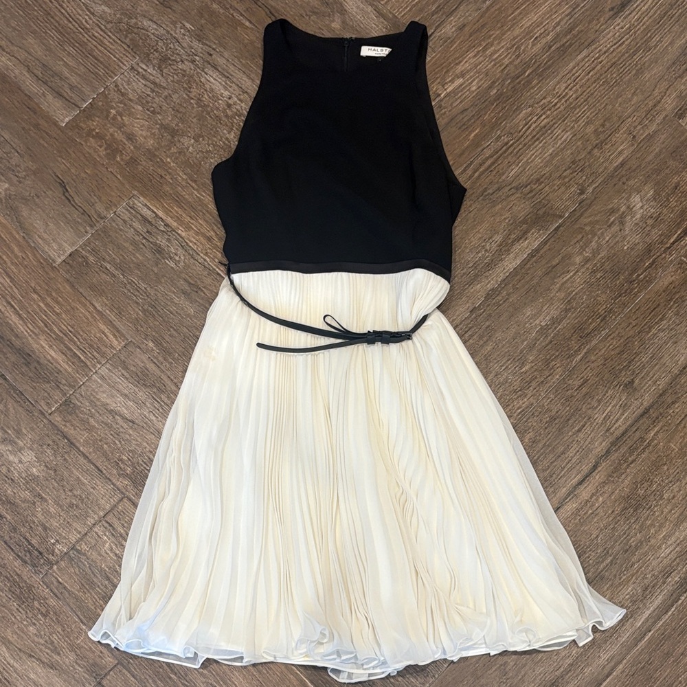 Halston Heritage Sleeveless Belted Pleated Georgette Dress